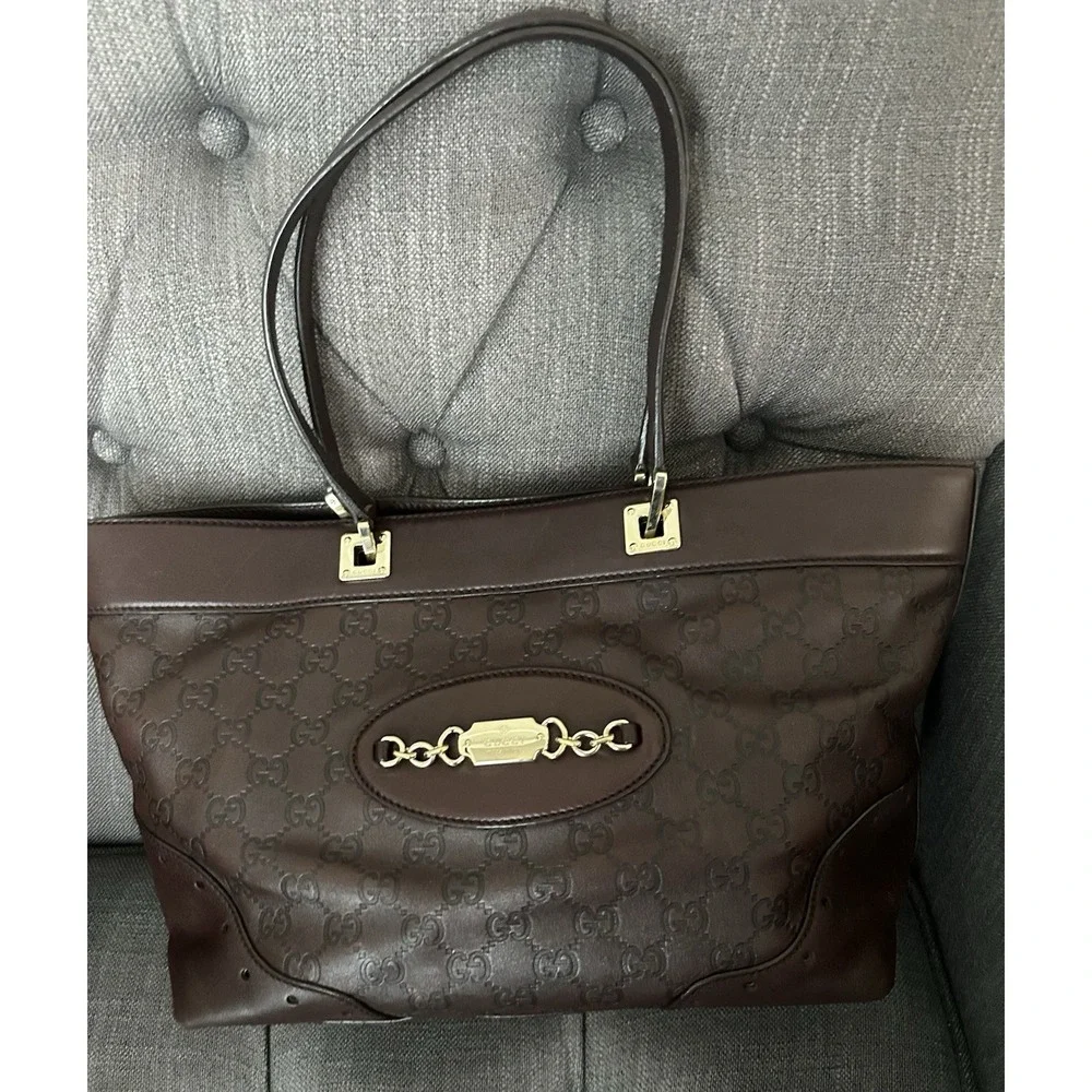 GUCCI Guccissima Shoulder Tote Bag GG Dark Brown Leather 145993 Authentic